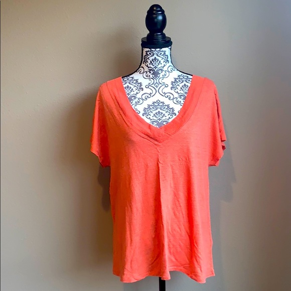 Coral Linen Front & Back V-Neck Blouse - Picture 1 of 7